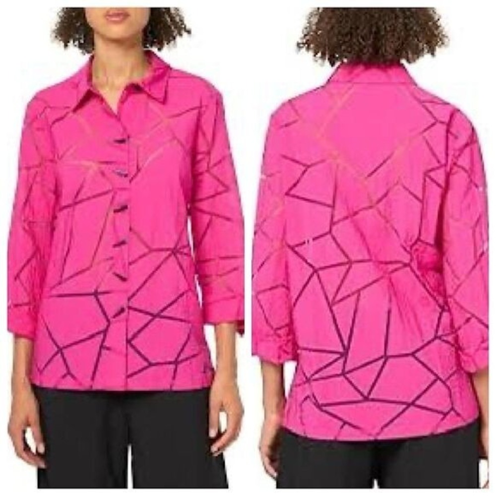 Ali Miles Plus Wearable Art Blouse Shirt Top Sz XL Pink Woven Burnout Button